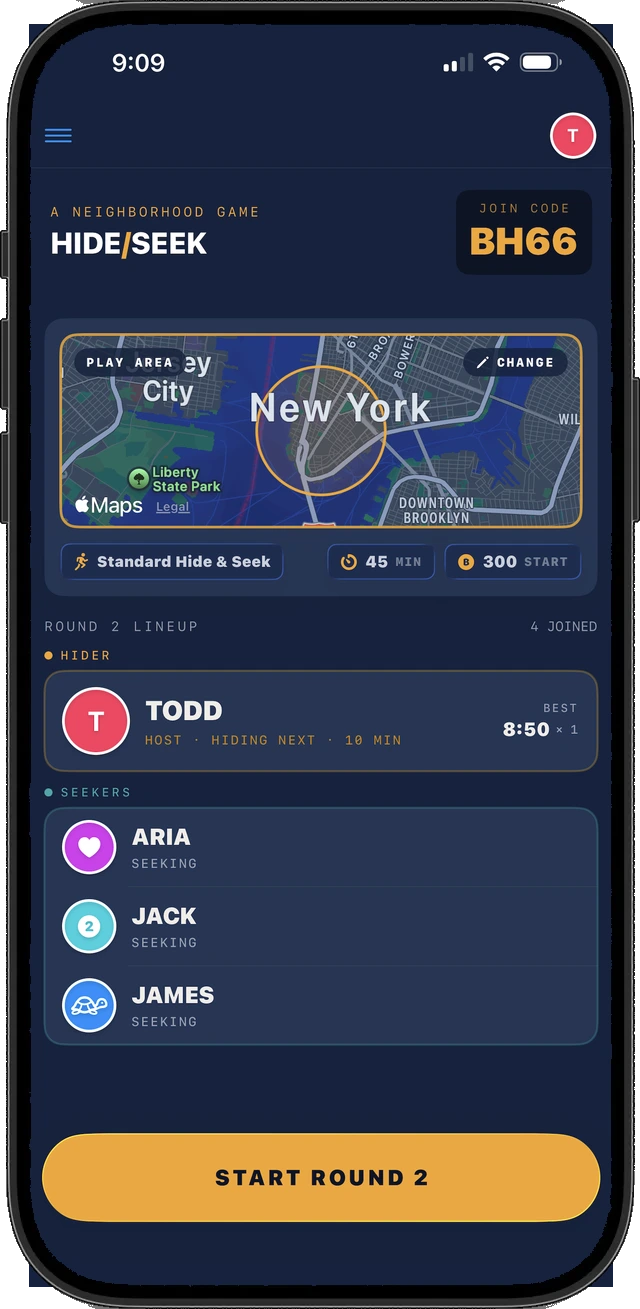 HIDE/SEEK lobby screen: play area map, join code, and the round lineup before Start Round