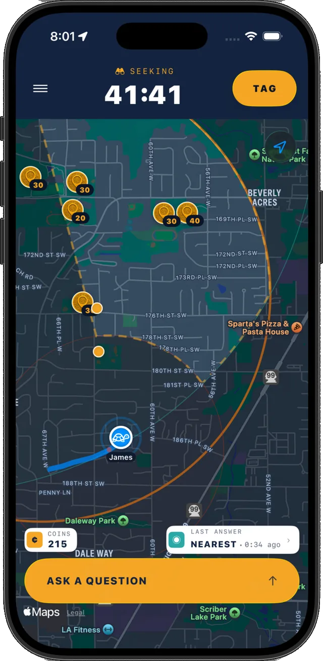 HIDE/SEEK live Seeker map: amber play boundary, coin drops, round timer, and the TAG button