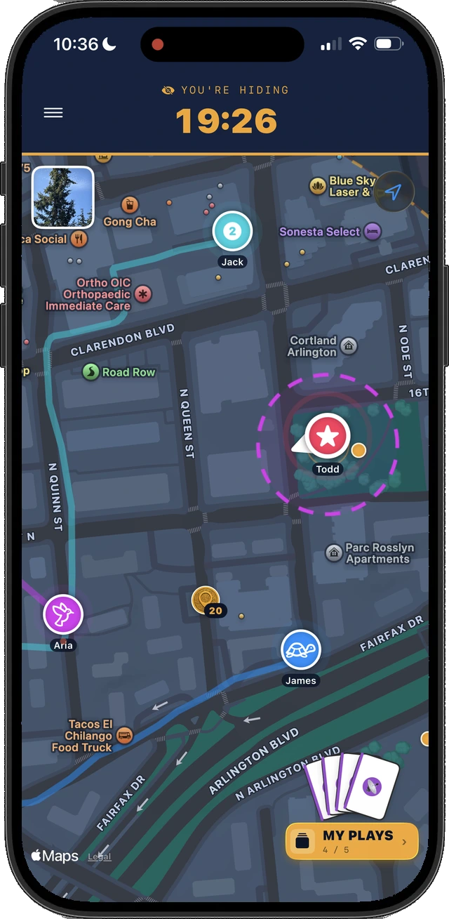 HIDE/SEEK live Hider map with nearby Seekers, a coin drop, and the MY PLAYS tray