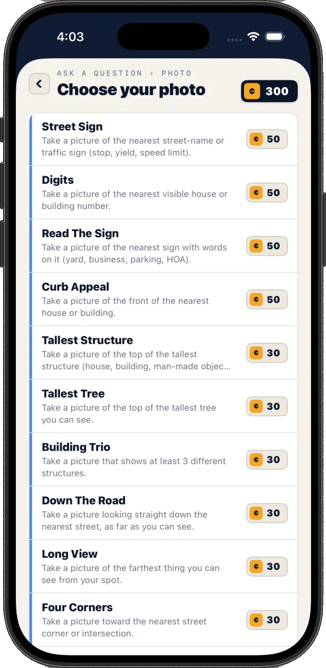 HIDE/SEEK photo prompt list: Street Sign, Digits, Curb Appeal, and more, each with a coin cost