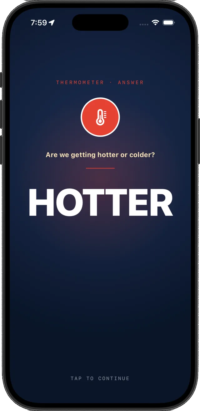 HIDE/SEEK answer reveal screen showing the word HOTTER in huge type
