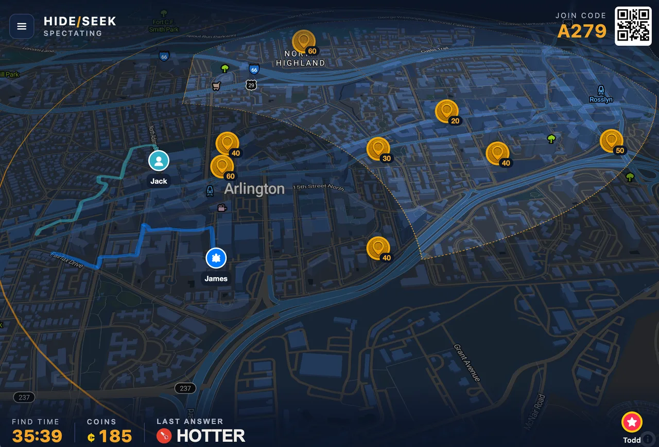 HIDE/SEEK spectator web view: live map with player positions, coin drops, join code, and round stats